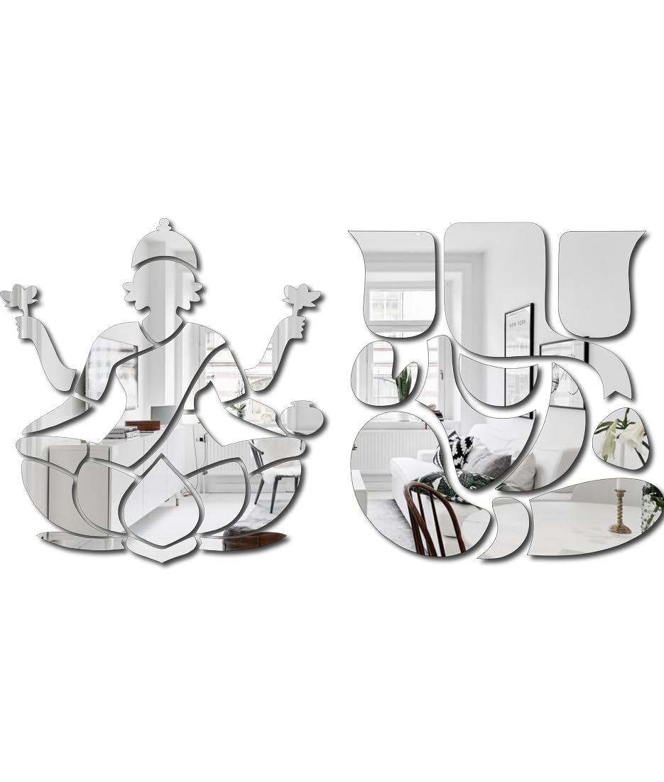 Bikri Kendra - Laxmi Ganesha Silver Round Mirror Stickers for Wall Acrylic Mirror Wall Decor Sticker Wall Mirror Stickers Acrylic Stickers Lotus Wall Stickers for Hall Room Bed Room Kitchen