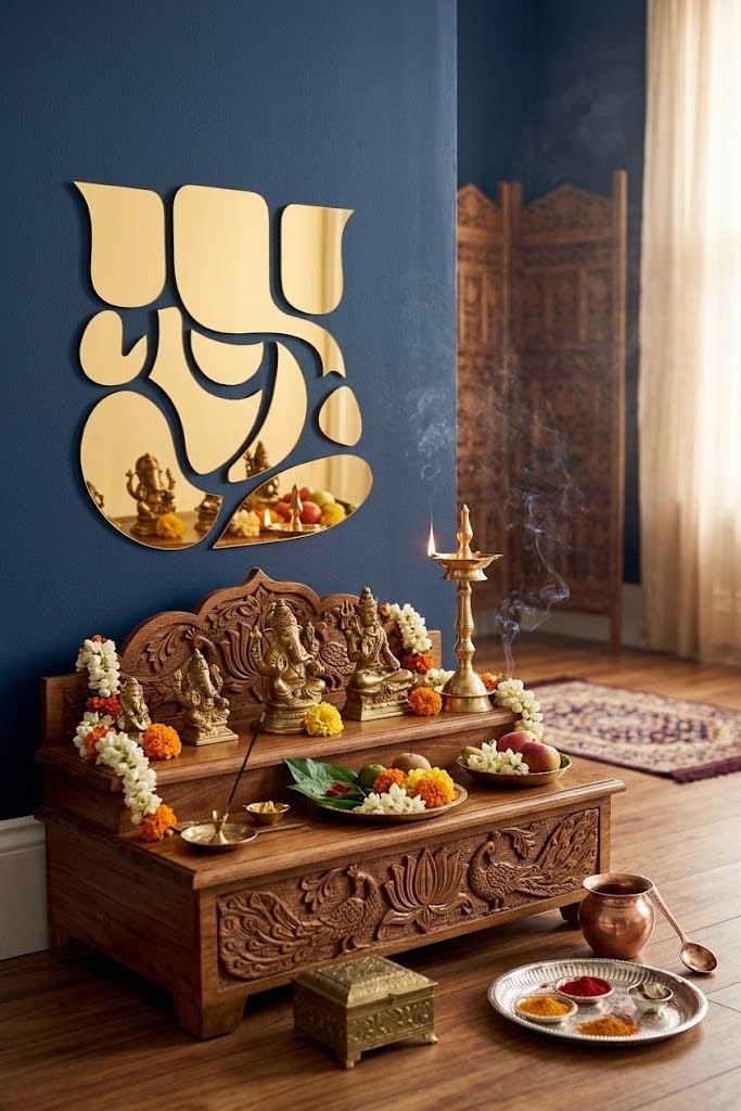 Bikri Kendra - Ganesha Golden Mirror Stickers for Wall, Acrylic Mirror Wall Decor Sticker Wall Mirror Stickers Acrylic Stickers Wall Stickers for Hall Room Bed Room Kitchen