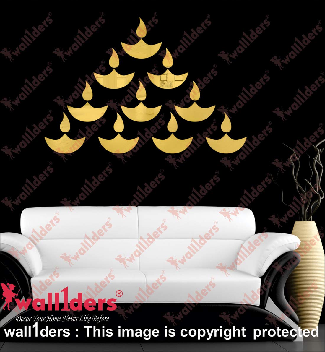 Wall1ders Diya (Pack of 10), Mirror Stickers for Wall, Acrylic Mirror Wall Decor Sticker, Wall Mirror Stickers, Acrylic Stickers, Wall Stickers for Hall Room, Bed Room, Kitchen. (20Golden)